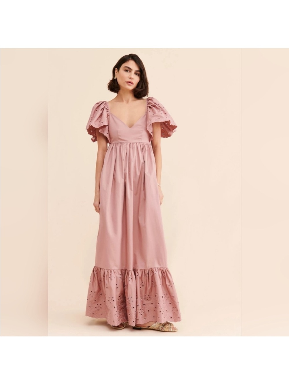 NWOT En Saison | dusty rose Eyelet Maxi Dress with Puff Sleeves